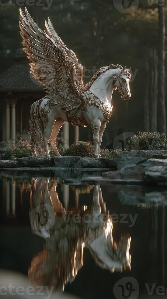 Majestic winged horse statue standing by a tranquil pond in a serene landscape during golden hour photo