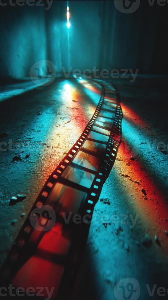 Colorful film strip glows on a textured floor with dramatic lighting in a dimly lit space photo