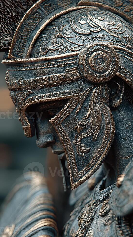 Detailed metal sculpture of a warrior from ancient history showcasing a helmet and intricate armor with emotional expression photo