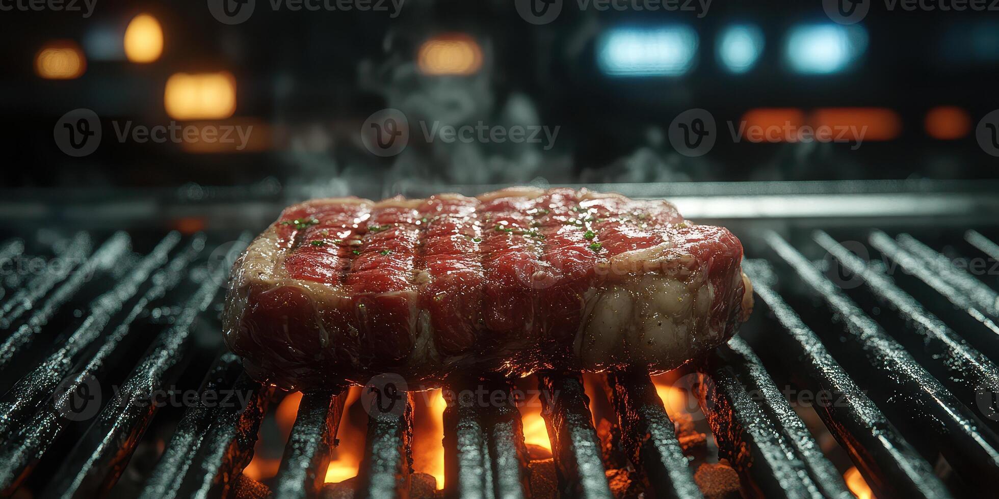 Juicy steak sizzling on a grill during evening barbecue at a backyard gathering with friends and family photo