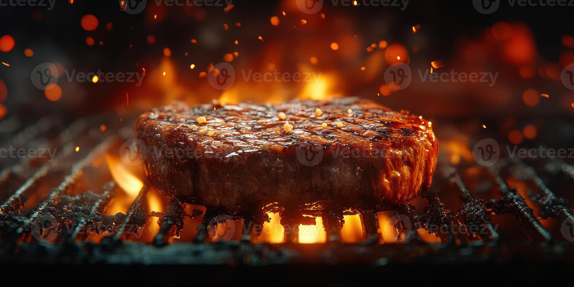 Juicy steak sizzling on grill with flames and embers lighting the scene photo