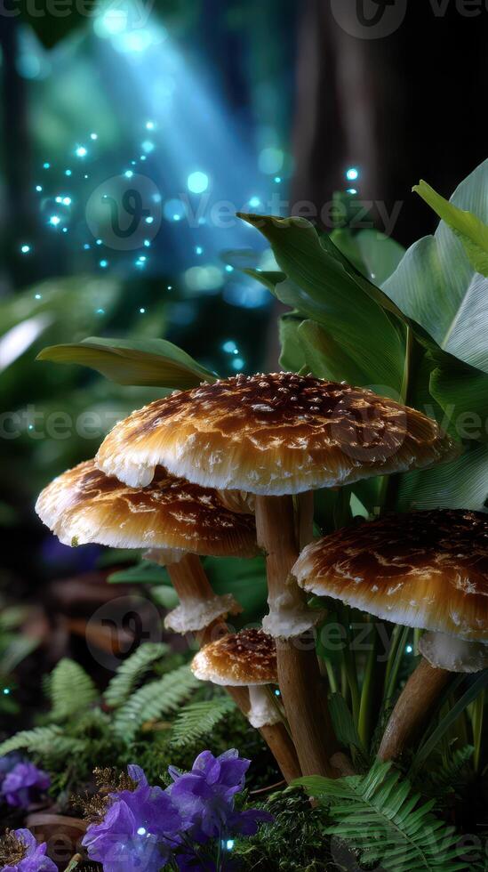 Mushrooms growing in a magical forest setting illuminated by soft light with shimmering particles in the air photo