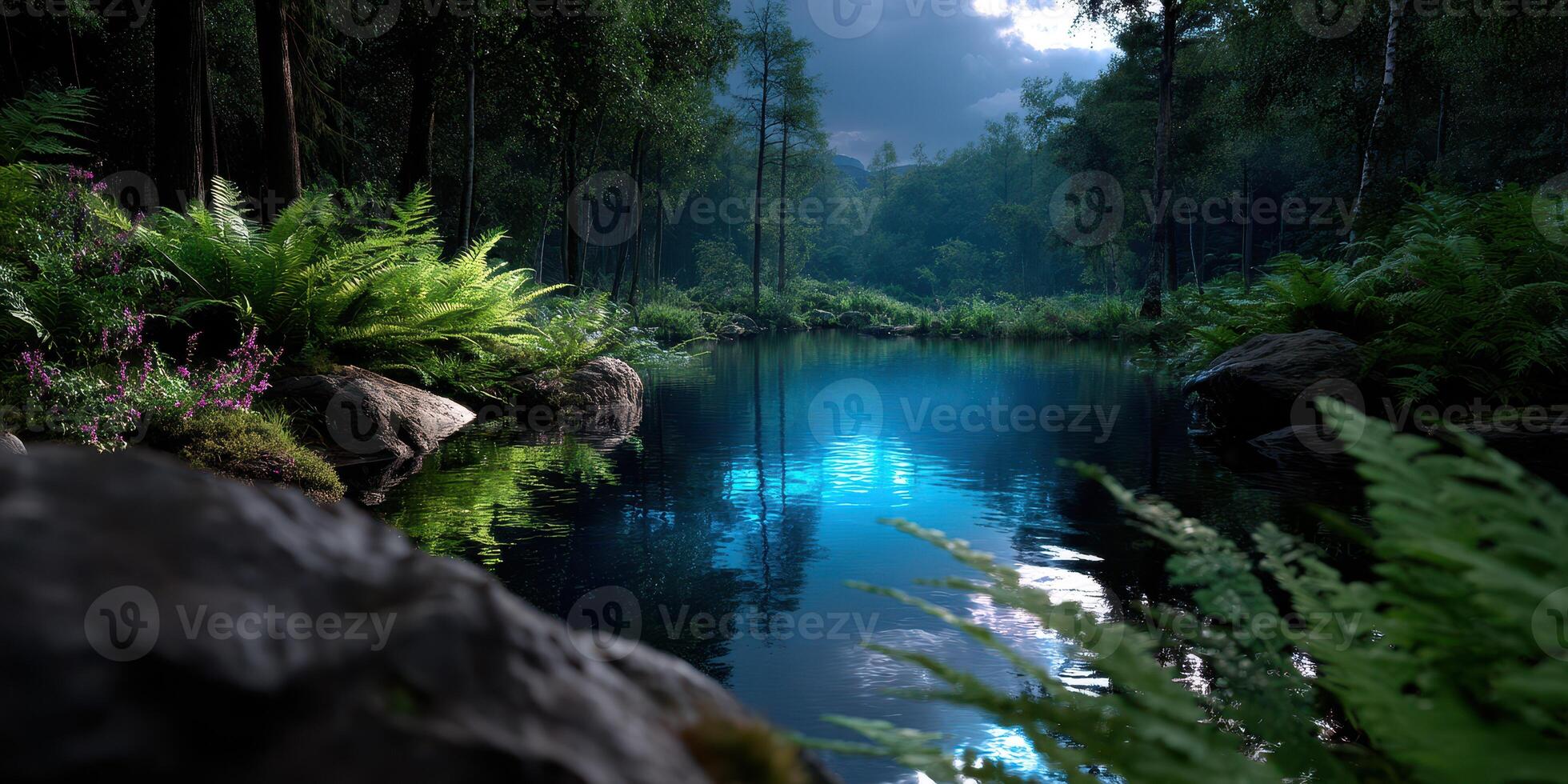 Serene forest landscape with a tranquil pond reflecting lush greenery and moody skies at dusk photo