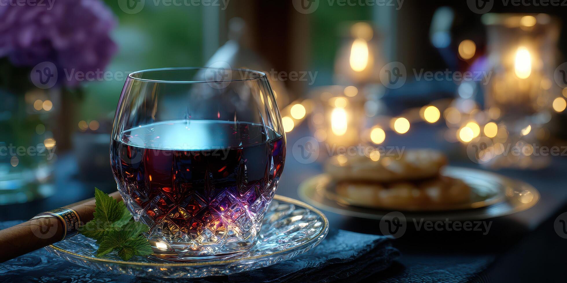 Evening gathering with a glass of red wine and cookies on a beautifully set table in soft candlelight photo