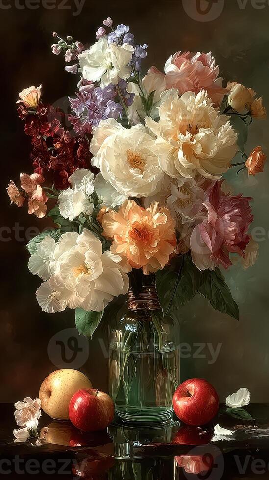 Colorful arrangement of flowers and apples in a glass jar on a dark table setting photo