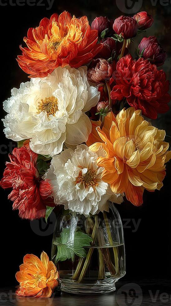 Vibrant bouquet of peonies and flowers arranged elegantly in a clear glass vase against a dark backdrop photo
