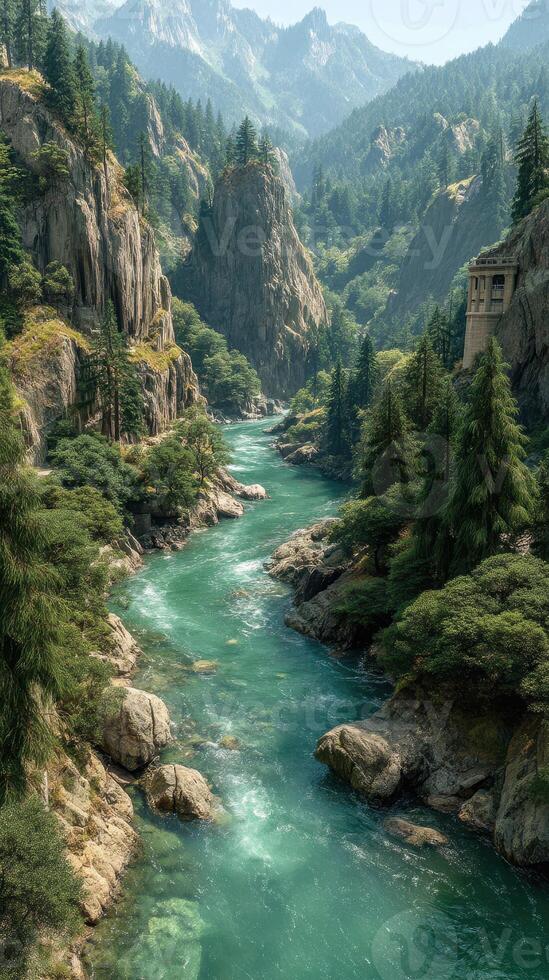 Scenic river winding through rocky terrains with lush trees under a clear blue sky in a mountainous area photo