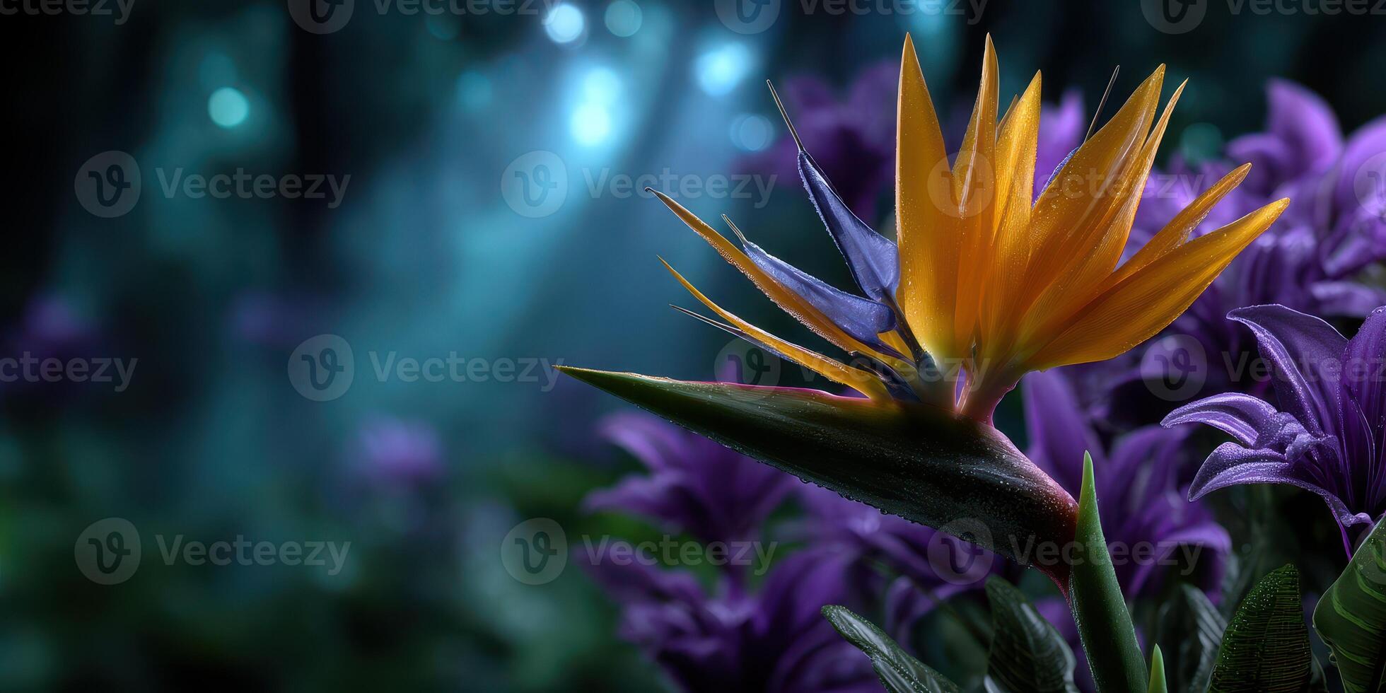 Colorful tropical flower blooms amidst lush purple foliage in a serene forest setting photo