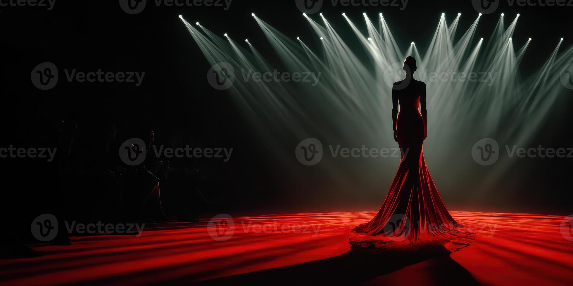 Fashion model showcases elegant red gown on runway during evening show in a spotlight setting with dramatic lighting effects photo