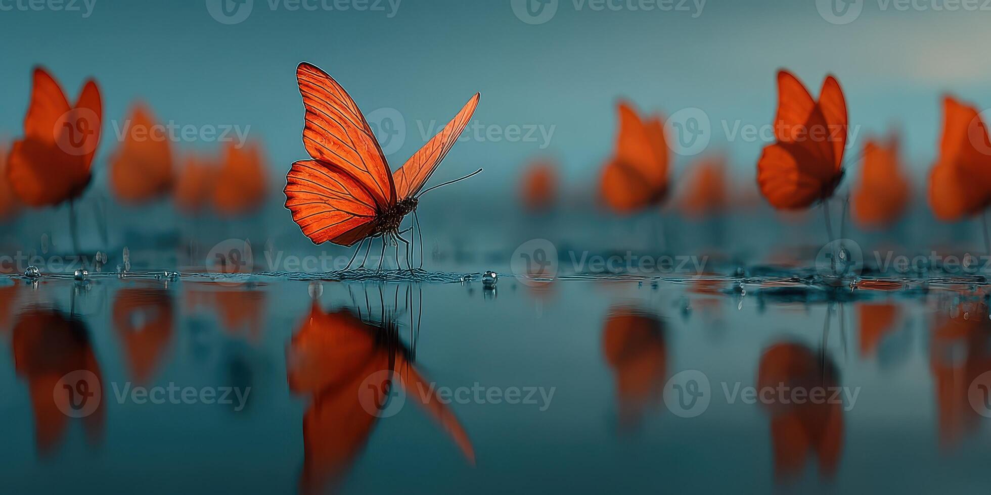 Vibrant orange butterflies reflect on tranquil water at dusk in a serene natural setting photo