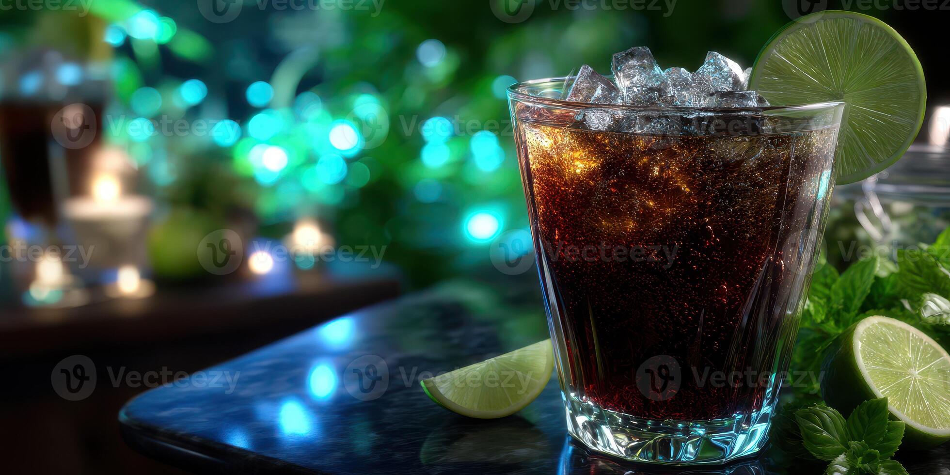Refreshing cocktail with ice and lime served in a glass on a dark counter surrounded by greenery and soft lighting photo