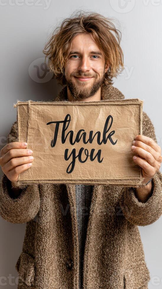 Man holds thank you sign while smiling against gray background during indoor photo session