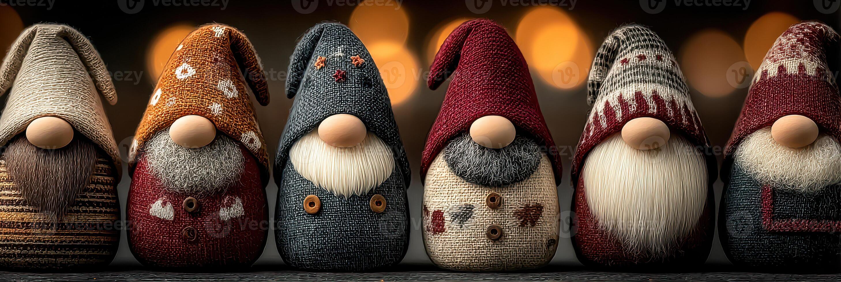 Colorful decorative gnomes arranged in a row with warm lights in the background during the festive season photo