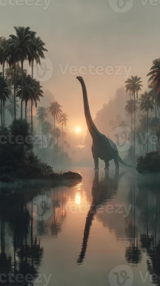 Large dinosaur stands by river at sunrise in a misty prehistoric landscape surrounded by palm trees photo