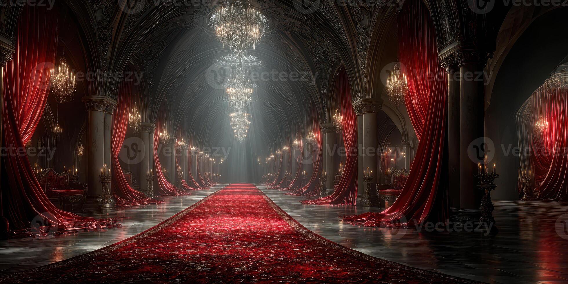 Elegant interior of a grand hall featuring lavish red drapes and chandeliers during a dimly lit evening setting photo