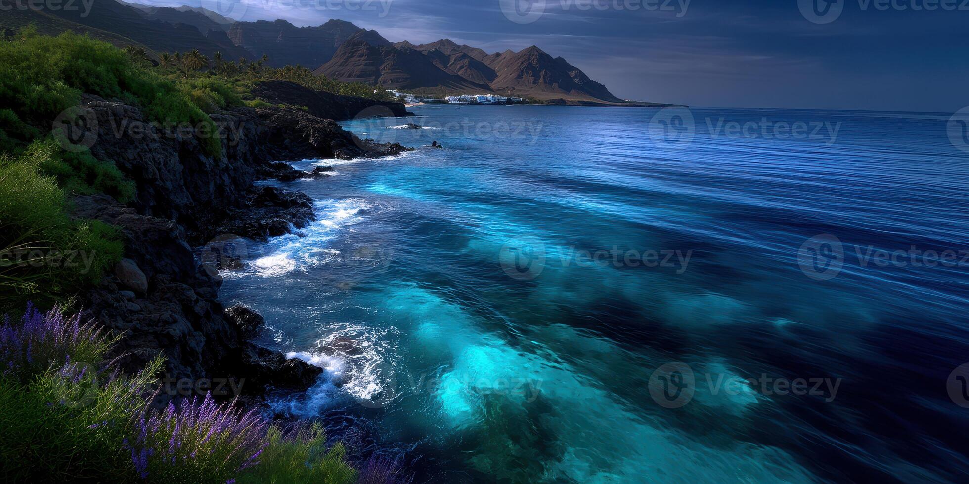 Vibrant coastal landscape at dusk along the rugged shoreline with clear waters and dramatic mountains in the background photo
