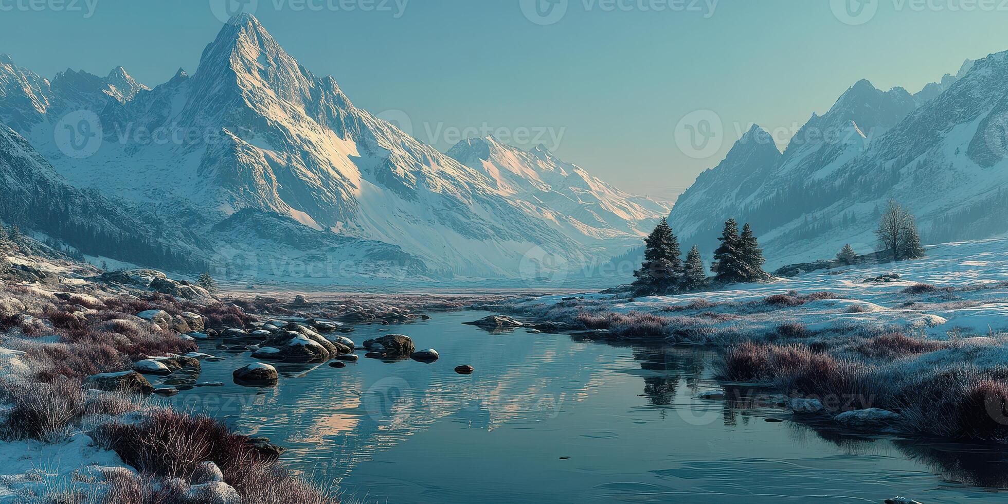 Majestic winter landscape with serene mountains and glistening river under clear blue sky photo