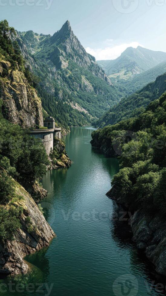 Scenic river winding through mountains at midday with lush greenery reflecting on calm water photo