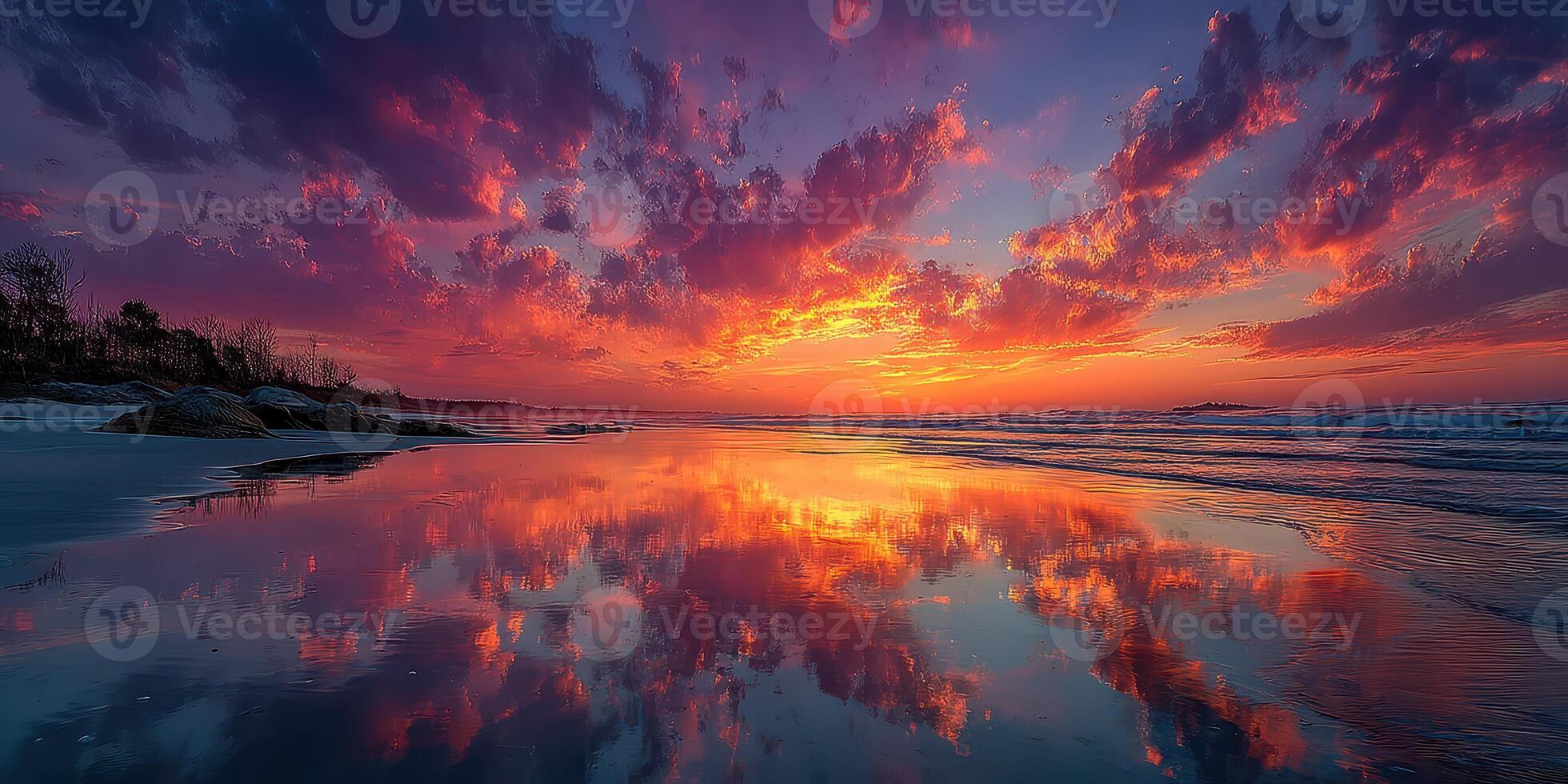 Breathtaking sunset over calm ocean reflecting vibrant colors at a serene beach in the evening photo
