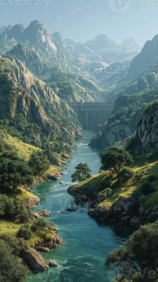 Majestic river flows through lush valley beneath towering mountains in bright daylight photo