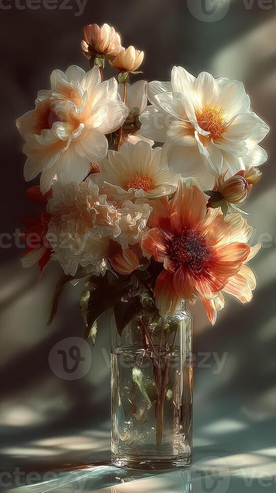 Bright and colorful flower arrangement in a glass vase on a soft background, capturing the beauty of nature photo