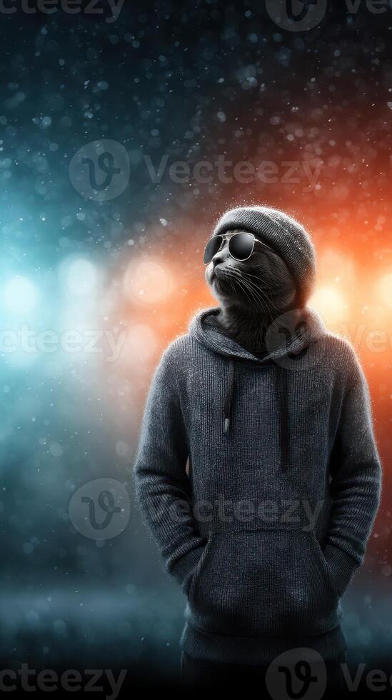 Cool cat stands confidently in urban setting during nighttime with vibrant lighting and snowfall photo