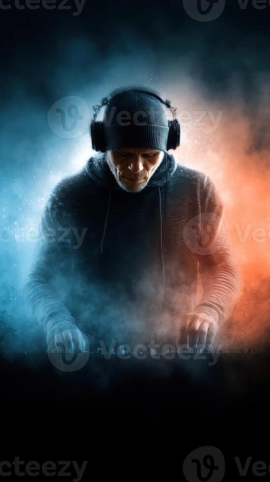 Musician creates an immersive sound experience during a live performance at a nightclub in the evening photo