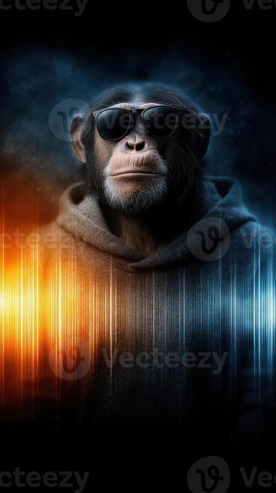 Monkey wearing sunglasses in a hoodie with a vibrant soundwave background exudes a cool and trendy vibe photo