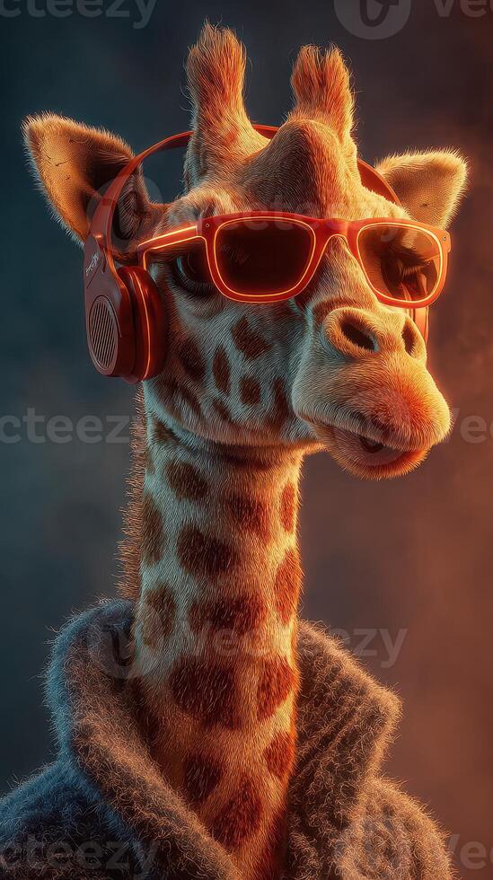 Giraffe in stylish sunglasses and headphones enjoys a vibrant artistic background during a surreal moment of expression photo