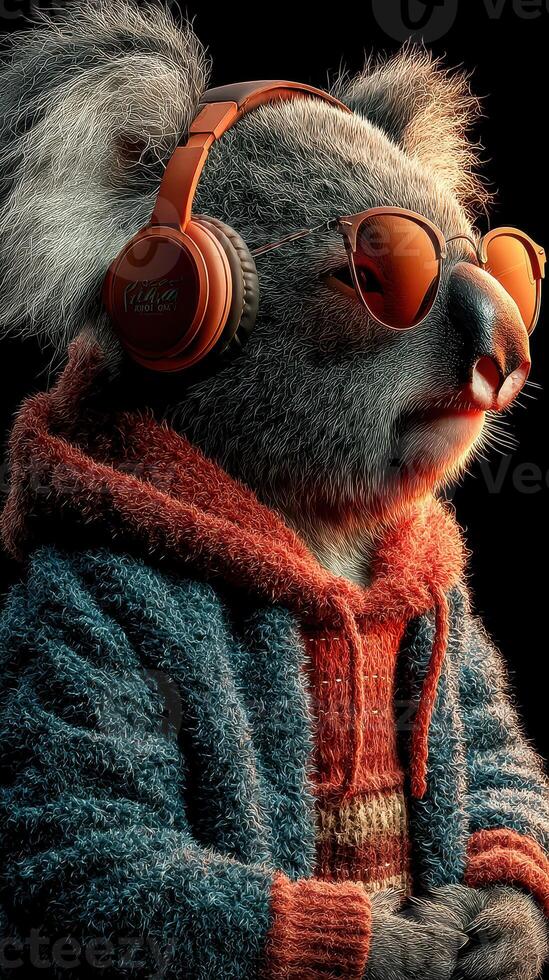 Koala wearing headphones and sunglasses relaxes in a cozy sweater, enjoying music indoors at dusk photo