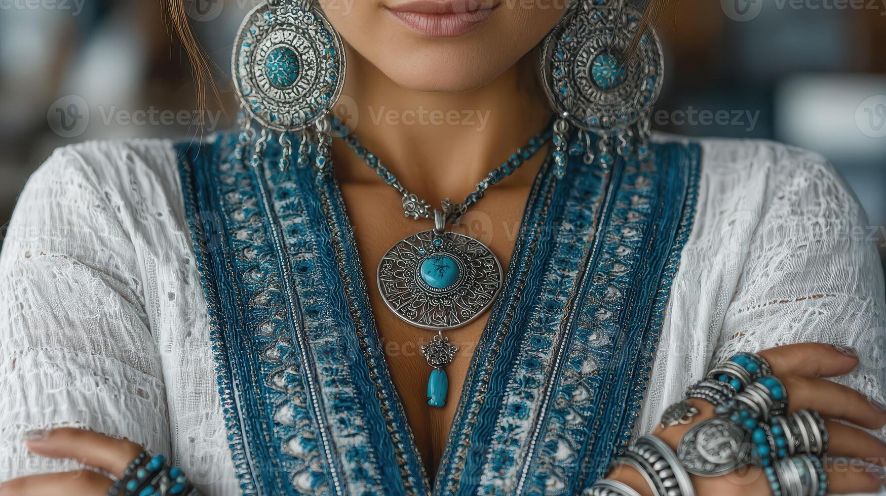 Elegant woman displaying intricate jewelry and traditional attire in a vibrant setting during a cultural event photo
