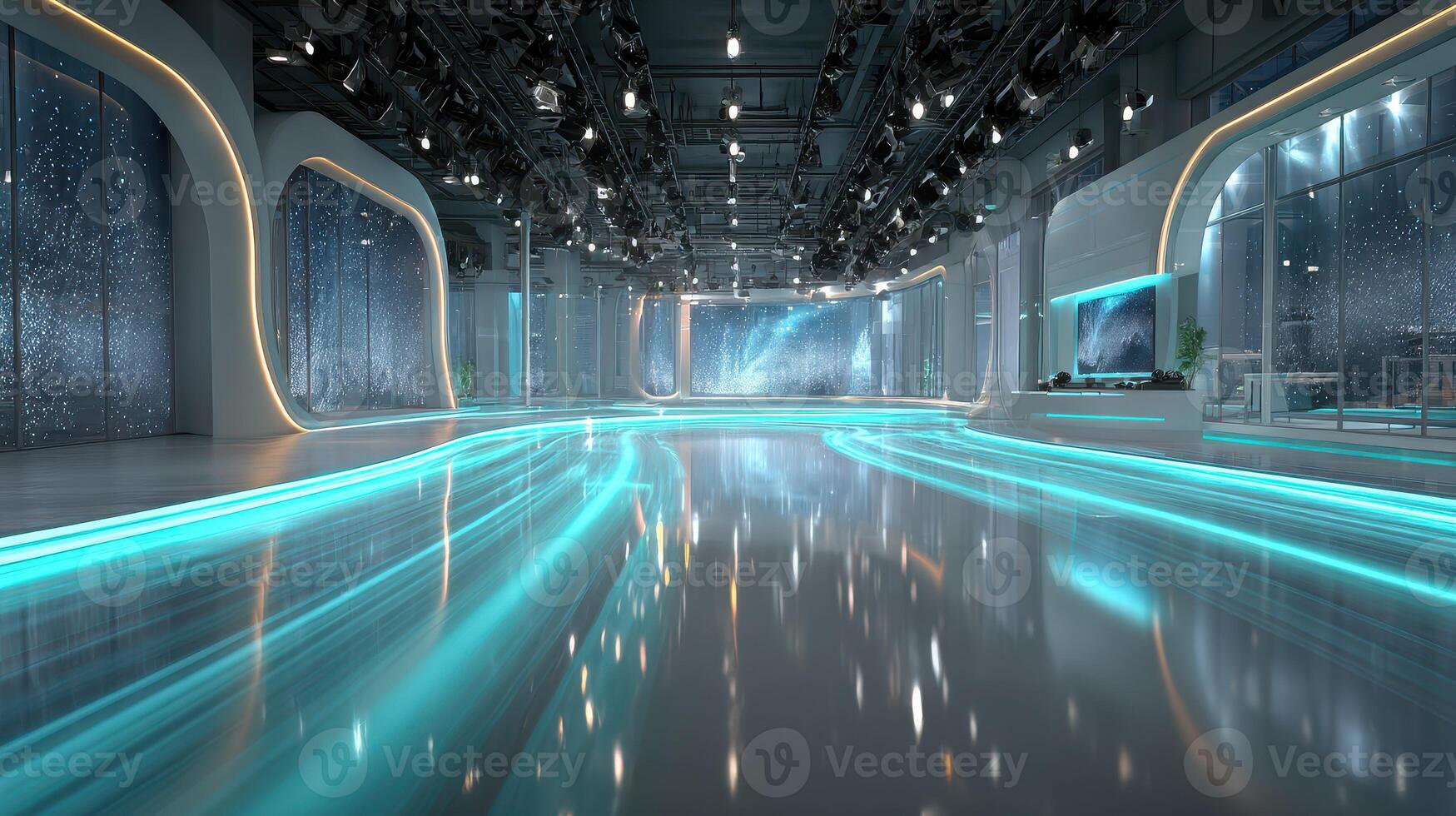 Modern studio with futuristic lighting and sleek design features a vibrant setting for creative productions photo