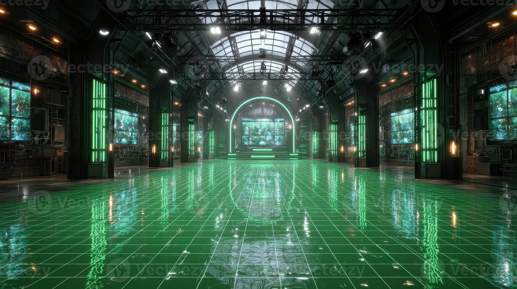 Modern event space featuring green lighting and high-tech design with a reflective floor photo
