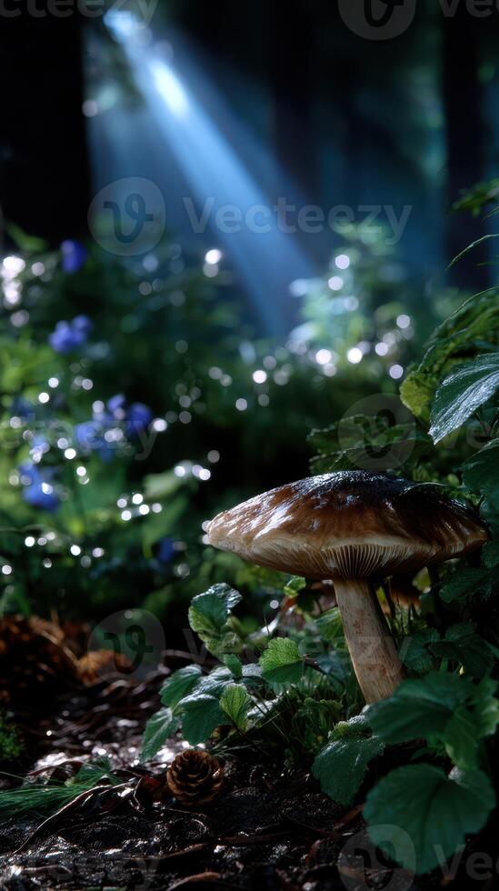 Mysterious forest glen with a mushroom under soft sunlight highlighting dew and wildflowers in the early morning photo
