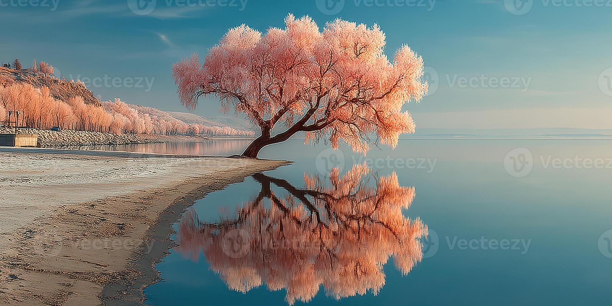 Lone tree with pink foliage reflected in calm waters under clear blue sky during serene morning light photo