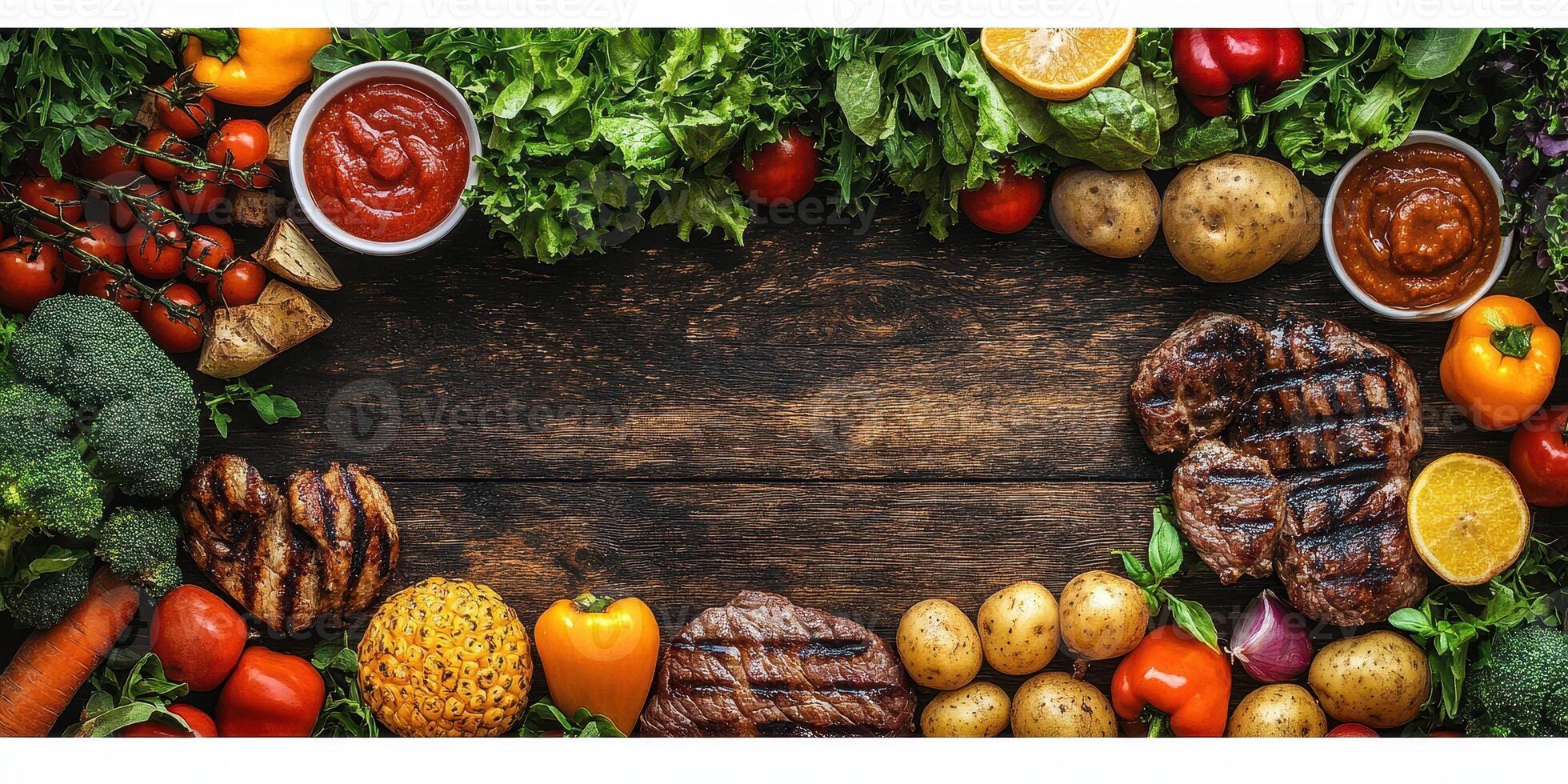 Fresh and colorful ingredients arranged for a healthy meal preparation on a rustic wooden table photo