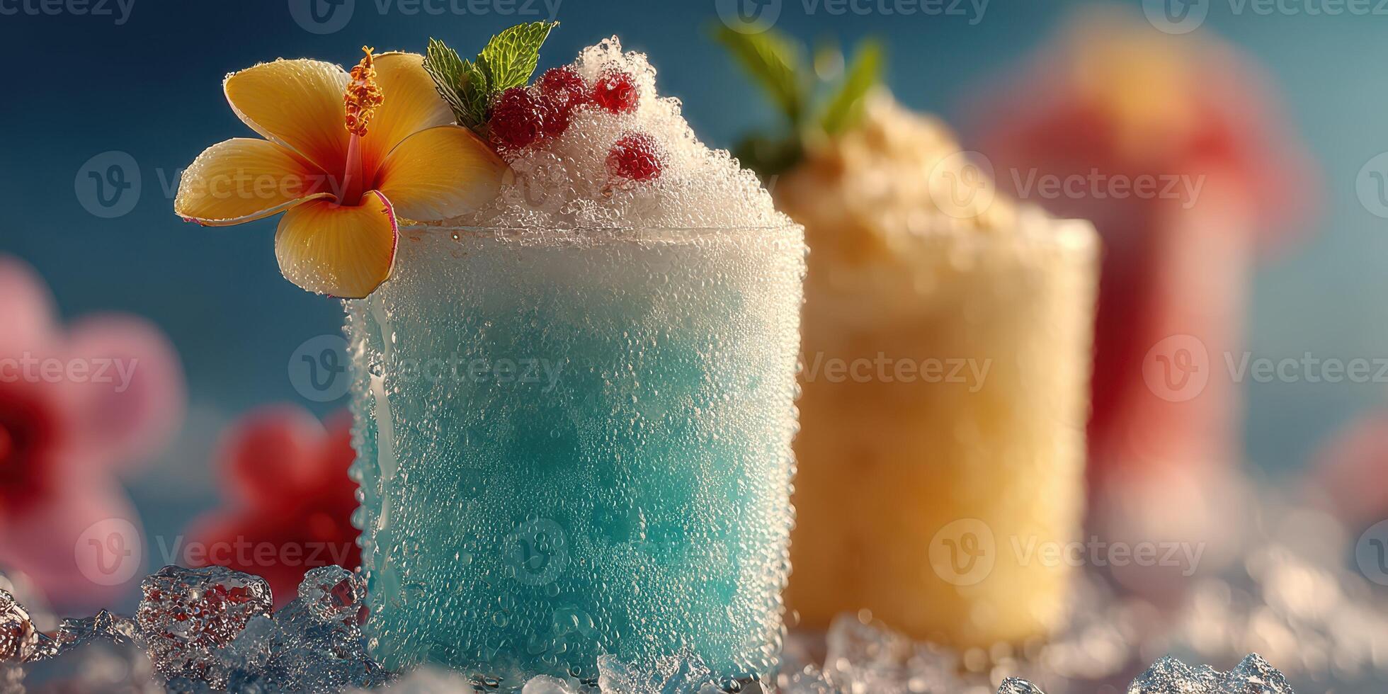 Colorful frozen cocktails served in glasses with flowers and berries on ice at a summer party photo