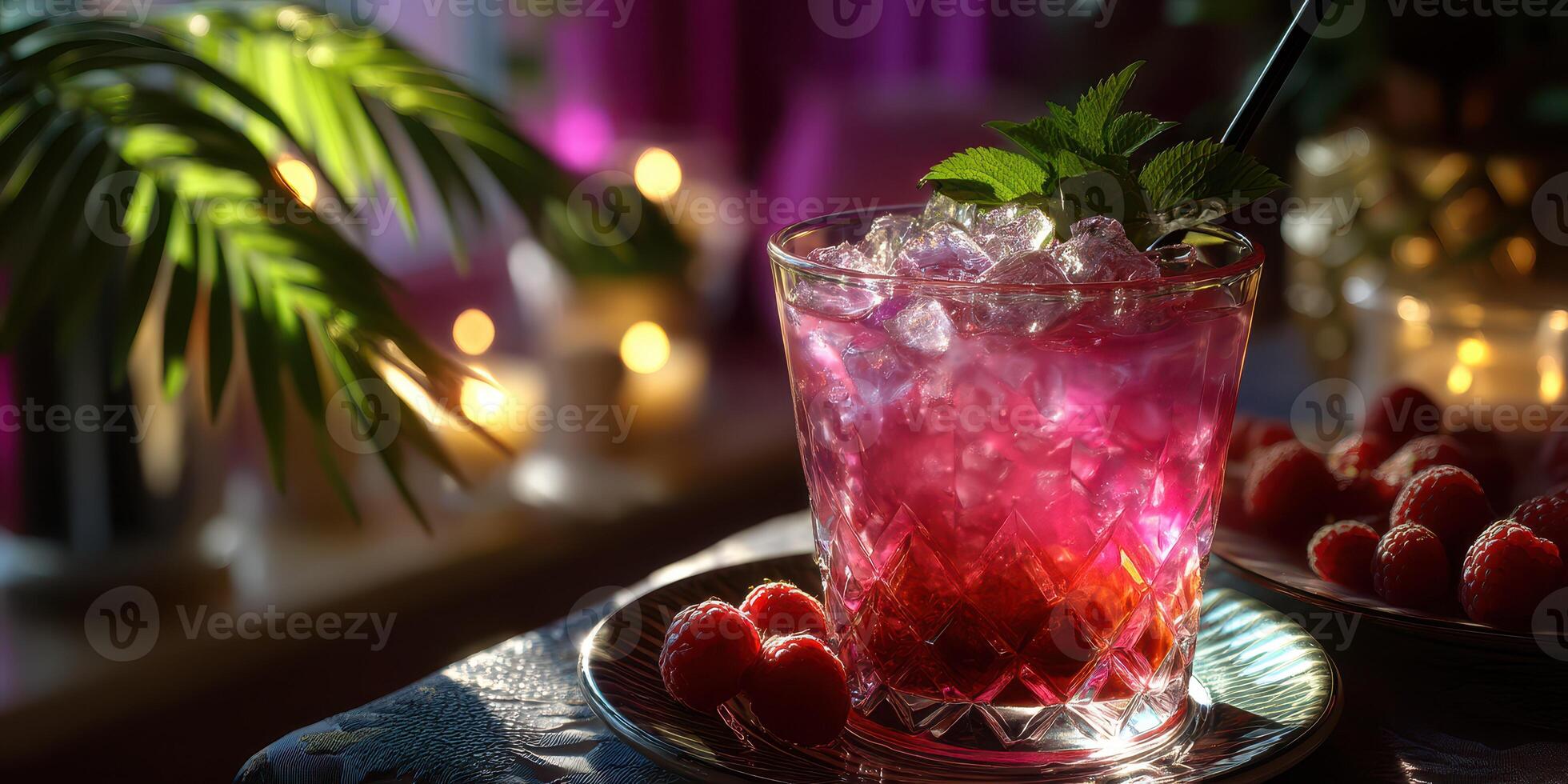 Refreshing raspberry drink with ice and mint in a cozy setting during evening hours photo