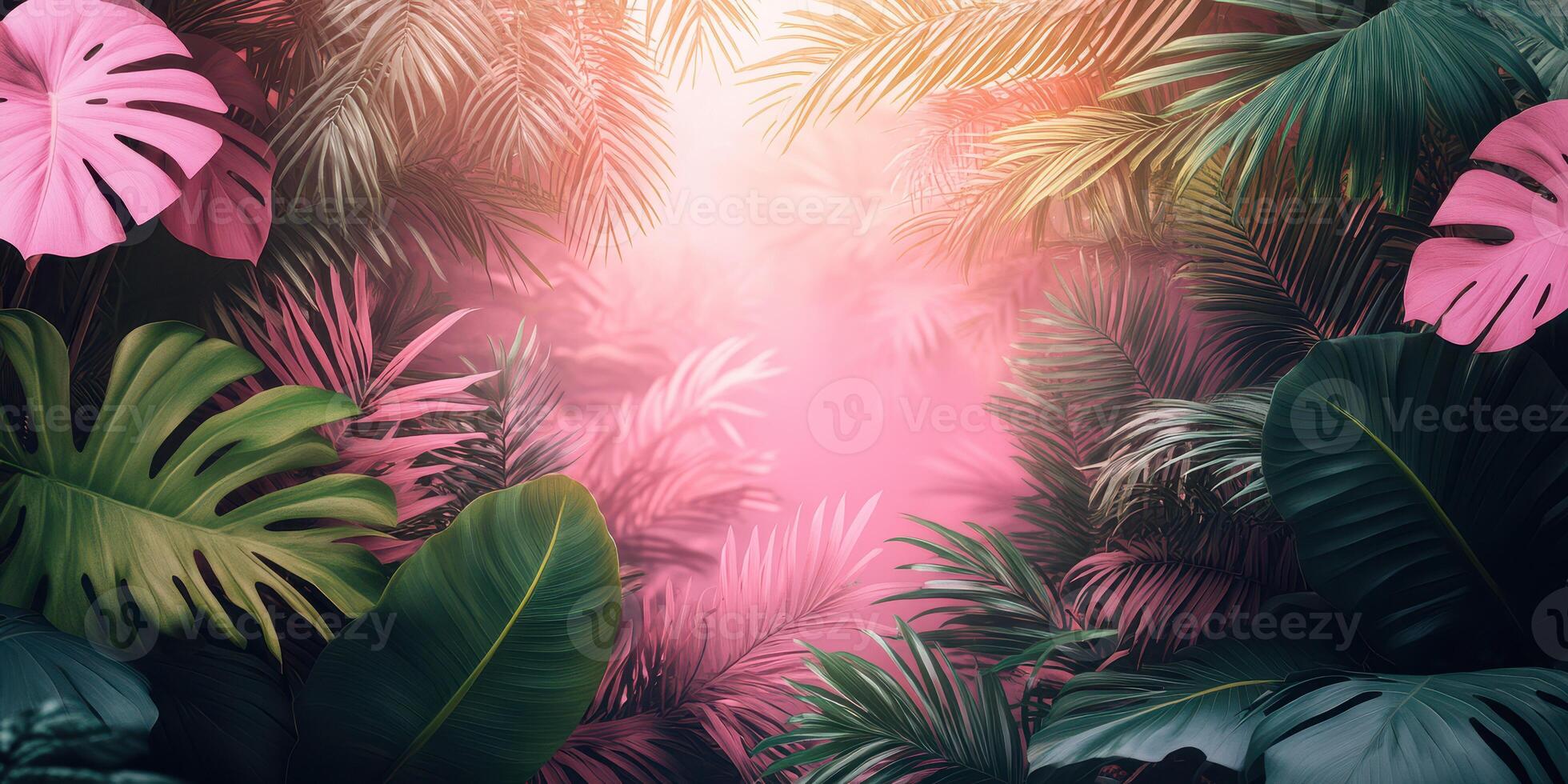 Lush tropical foliage with vibrant colors and soft light in a dense jungle setting during twilight photo
