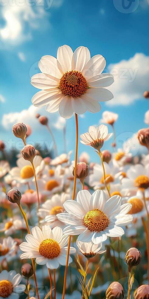 Bright wildflowers bloom under a blue sky during a sunny afternoon in a vibrant meadow filled with flora photo