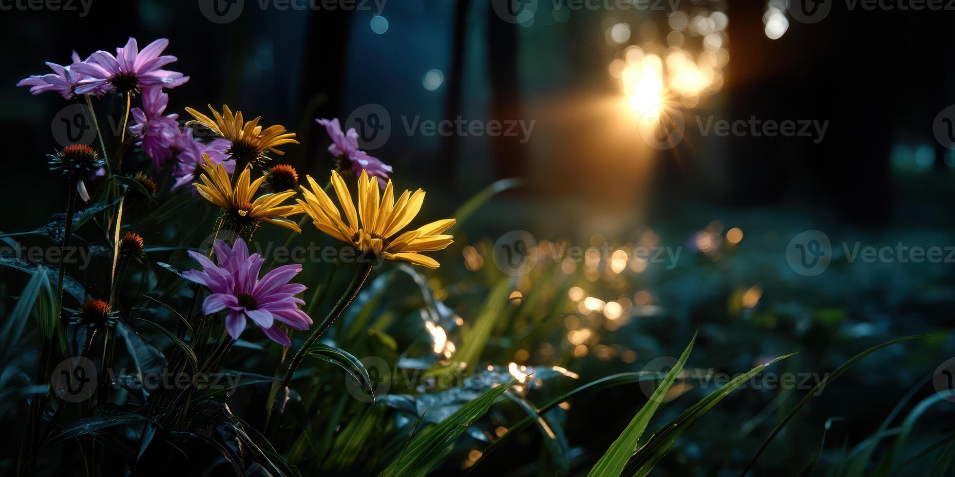 Wildflowers bloom in the forest as sunlight filters through trees during golden hour photo