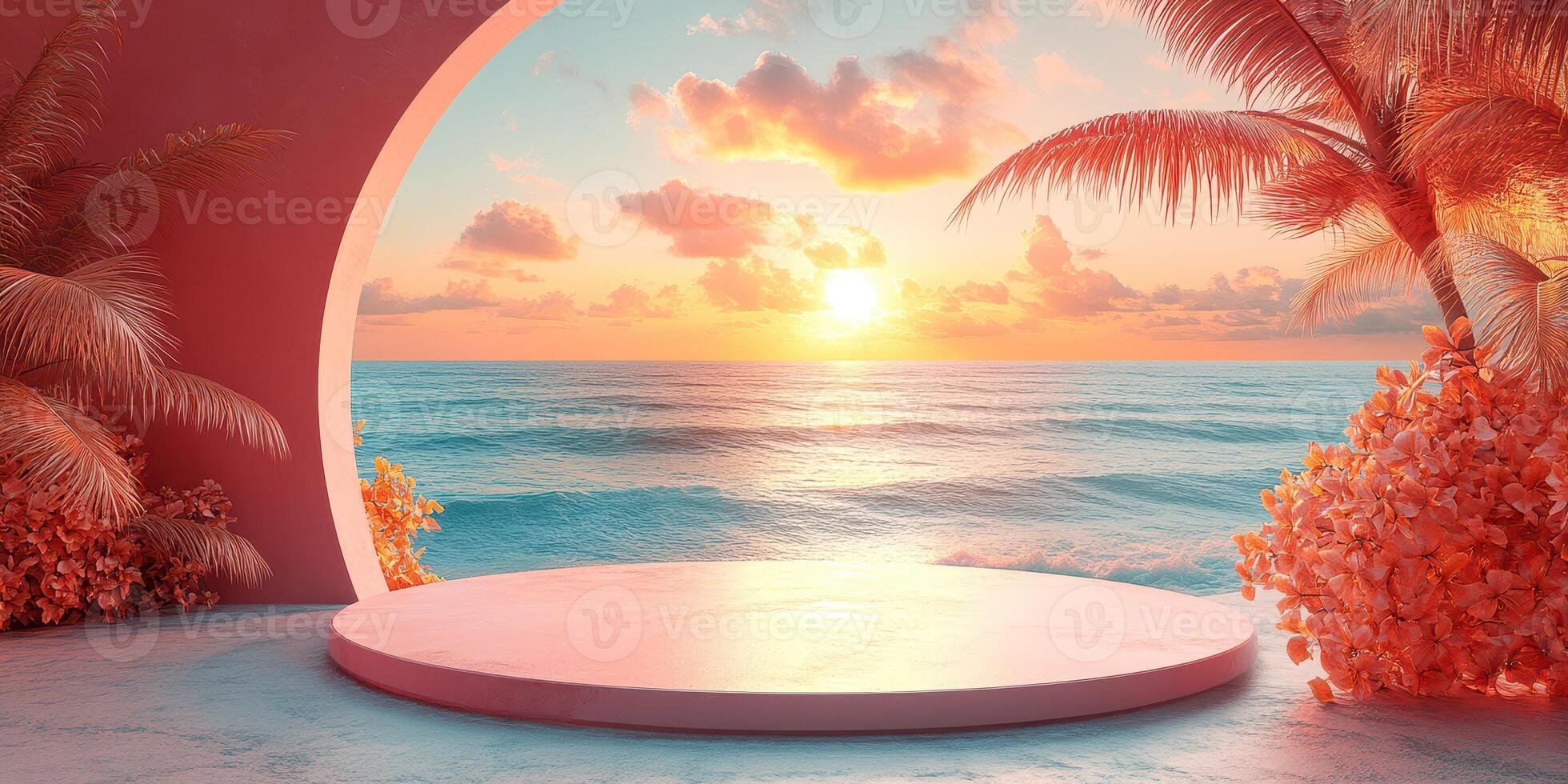 Beautiful sunset overlooking the ocean from a tropical balcony with lush foliage and a circular opening photo
