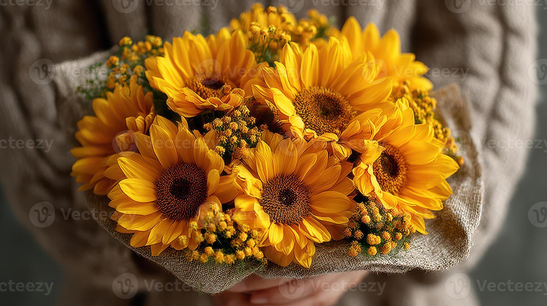 Bright sunflower bouquet held by person in cozy sweater indoors during autumn photo