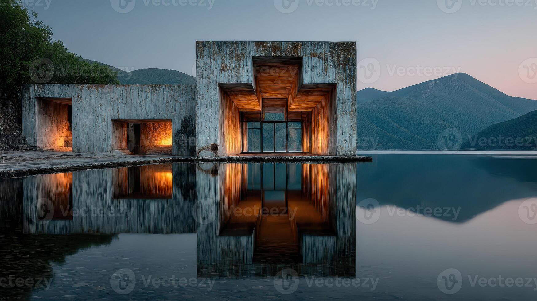 Modern architectural structure by the lake at dusk with reflected mountains in the background photo