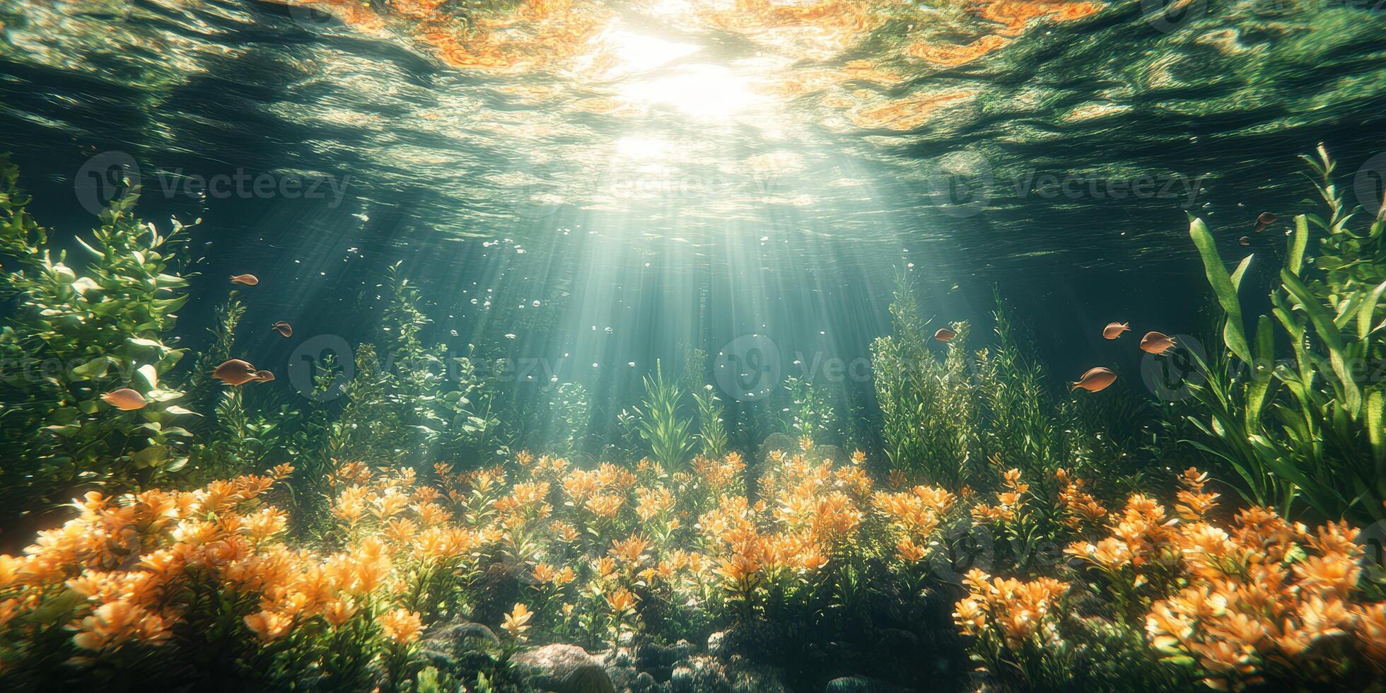 Underwater garden filled with vibrant flowers and sunlight filtering through water in a serene environment photo