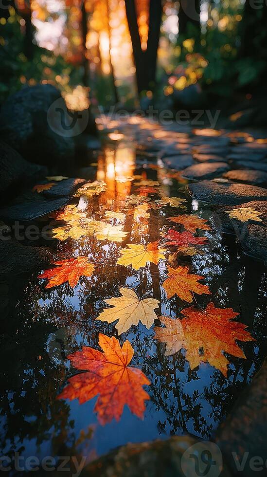 Vibrant autumn leaves float on a tranquil puddle reflecting golden sunlight in a serene forest setting photo