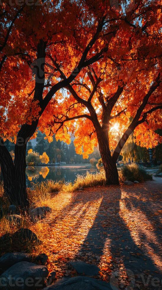 Vibrant autumn foliage by the lake at sunset creating a picturesque landscape in a serene natural setting photo