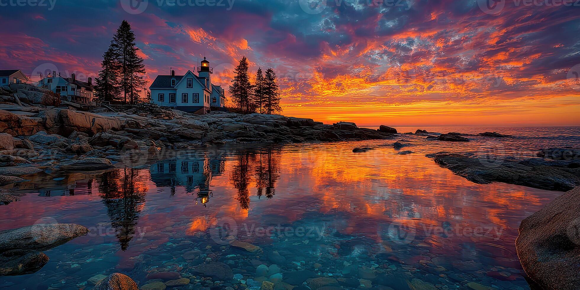 Vibrant sunset over coastal lighthouse with colorful reflections in serene water at twilight photo