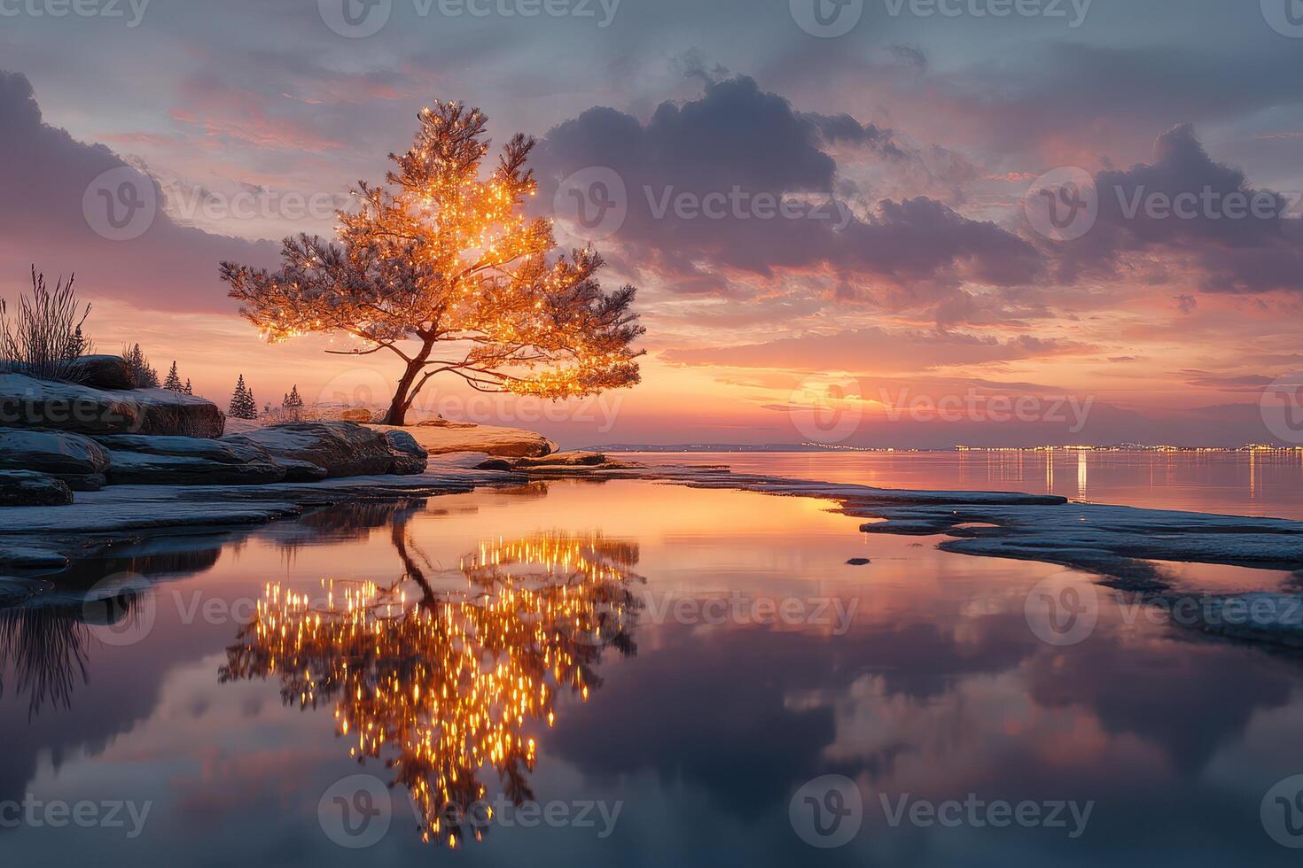 Sunset reflection of a tree adorned with lights by the water during winter in an enchanting landscape photo