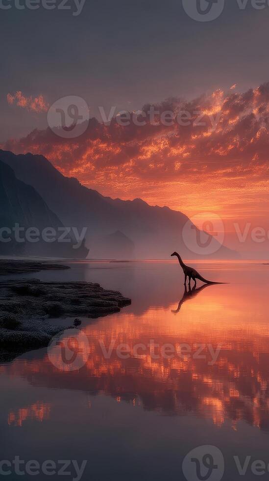 Dinosaur silhouette at sunrise along a serene lake with majestic mountains and colorful clouds photo